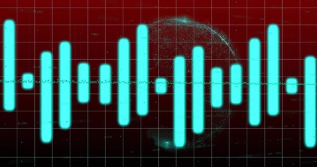 Displaying cyan waveform bars pulsing across dark red grid screen, with globe and numeric labels