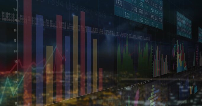 Displaying trading dashboard overlaying blurred city lights, with bar charts line graphs and tables - Powered by Adobe