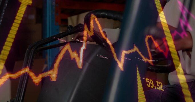 Worker moving pallet jack in storage area, with blue racks, boxes, orange stock graph, copy space - Powered by Adobe
