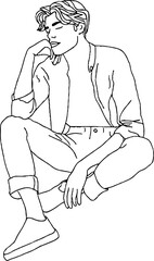 Minimalist line art of man sitting in thoughtful pose for design projects