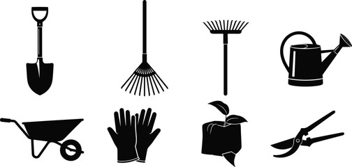 Black silhouette gardening tools icons including shovel, rake, watering can, wheelbarrow, gloves, plant seedling, pruning shears, vector illustration