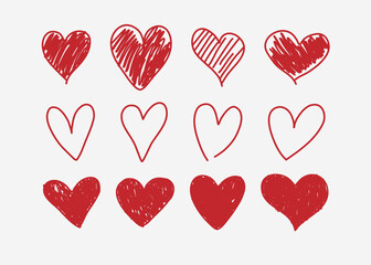 Hand-Drawn Red Hearts in Various Artistic Styles on a White Background