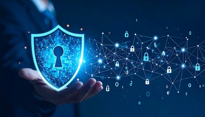 A hand holds a digital shield, representing cybersecurity.  Network and data security