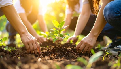 A group of people plants a young tree seedling in soil, working together in a sunny outdoor setting, promoting environmental sustainability.
