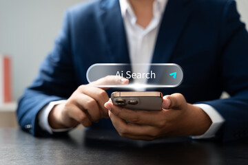 AI search technology, Businessman using AI search on smartphone with smart input interface, symbolizing artificial intelligence technology, data discovery, voice command, and online innovation.
