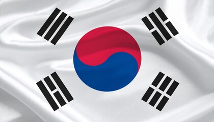South Korea national flag "Taegukgi" with white field, central red and blue Taeguk symbol, and four black trigrams in corners, symbolizing balance, purity, and natural elements.