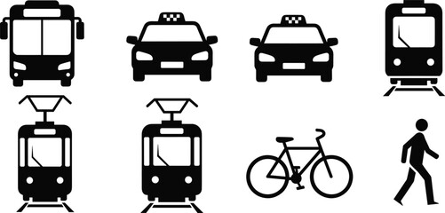 Black silhouette transportation icons including bus, taxi, tram, bicycle, pedestrian walking, public transit symbols, vector illustration isolated on white background