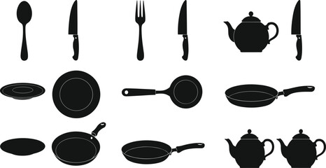 Black silhouette kitchen utensils and cookware icons including spoon, fork, knives, plates, frying pans, and teapots, kitchen tools.
