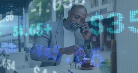 Talking man in blazer holding smartphone and stirring coffee at cafe, with notebook, data overlay