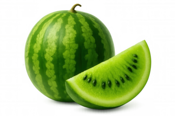 Ripe watermelon with rare green interior, sliced and displayed against transparent backdrop, showcasing vivid hues and succulent flesh