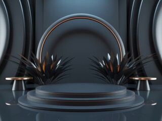 Elegant dark display platform with golden accents and plant decorations