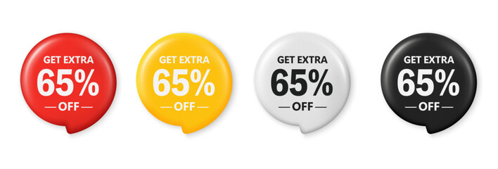 Get extra 65 percent off sale. Save 65 percent. 3D tag promotion design for shopping, marketing, advertisement, banner and web. Red, yellow, white, and black discount tags. Vector illustration.