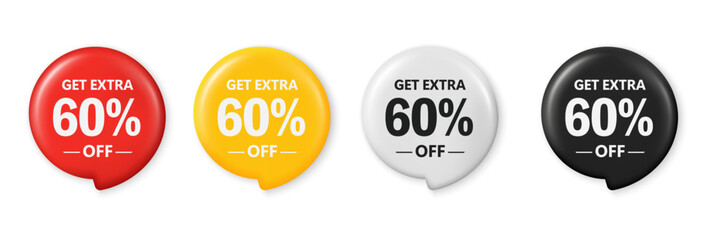 Get extra 60 percent off sale. Save 60 percent. 3D tag promotion design for shopping, marketing, advertisement, banner and web. Red, yellow, white, and black discount tags. Vector illustration.