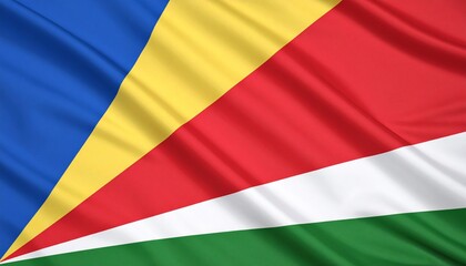 Fototapeta premium Seychelles national flag with five radiating oblique bands of blue, yellow, red, white, and green, symbolizing sky, sun, unity, justice, and natural environment.
