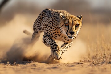 Naklejka premium Cheetah running fast wildlife animal predator feline speed hunter nature african savanna chasing prey wild cat