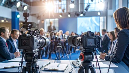 Professional cameras focus on a group of people at a press conference or business event, with a speaker at the podium in the background.