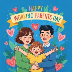 Happy working parents day celebration with a joyful family embracing each other white background
