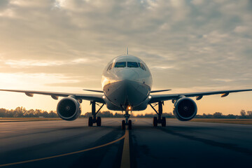 Obraz premium Airplane on the Runway at Sunset Preparing for Takeoff Basking in Golden Light Capturing the Essence of Aviation