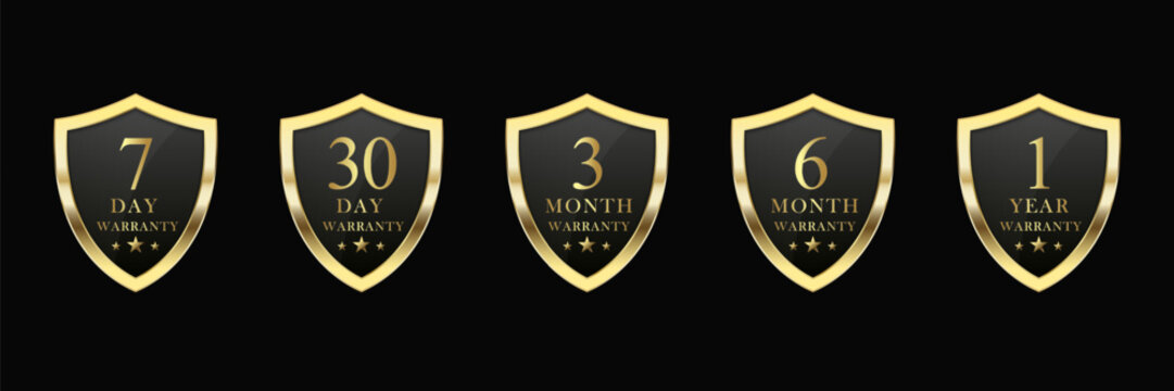 Set of luxury golden warranty logo. Realistic golden shield warranty numbers 7, 30 day, 3, 6 months, and 1 year. 3D Warranty card stamp for service provider and customer. Vector illustration.