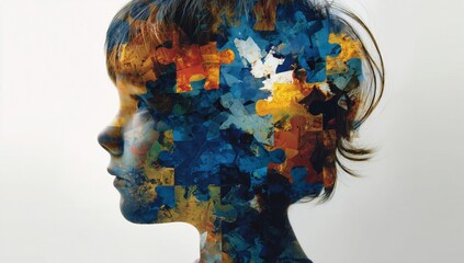 Child profile filled with colorful puzzle pieces, symbolizing autism, psychology, neurodiversity, learning difficulties, childhood development, therapy, concentration and mental health concept.