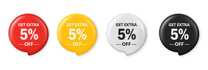 Get extra 5 percent off sale. Save 5 percent. 3D tag promotion design for shopping, marketing, advertisement, banner and web. Red, yellow, white, and black discount tags. Vector illustration.