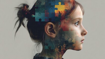Child profile with puzzle pieces overlay, symbolizing autism, psychology, neurodiversity, learning difficulties, childhood development, therapy, concentration and mental health concept.