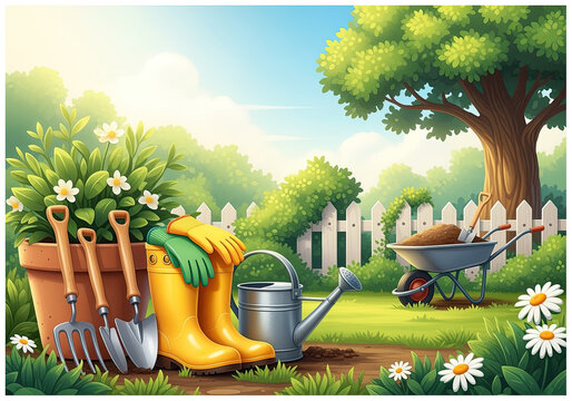 Bright yellow boots, green gloves, and various gardening tools are placed in a sunny spring garden with a wheelbarrow, ready for planting.