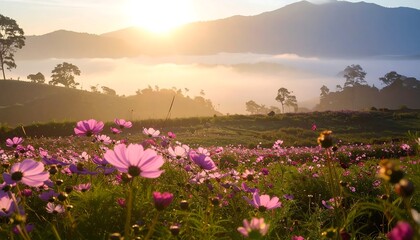 Sunrise over cosmos flower field