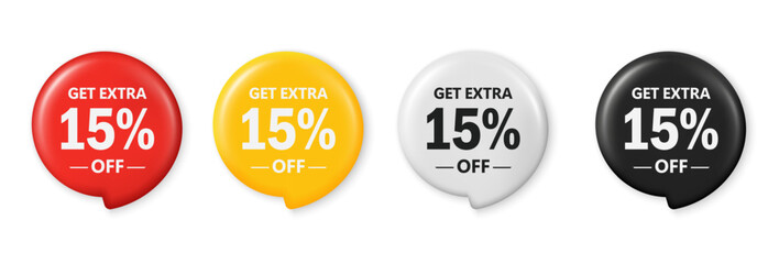 Get extra 15 percent off sale. Save 15 percent. 3D tag promotion design for shopping, marketing, advertisement, banner and web. Red, yellow, white, and black discount tags. Vector illustration.
