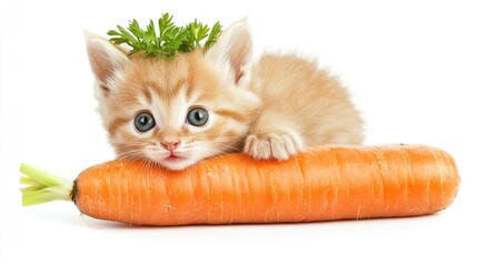 Cute fluffy white kitten hugging a carrot