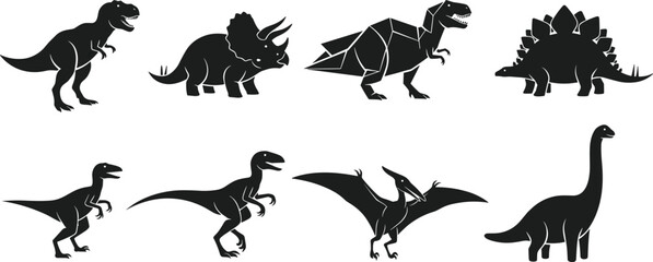 Collection of dinosaur silhouettes, T-Rex, Velociraptor, Triceratops, Pterodactyl, Stegosaurus, Brachiosaurus, fossil animal vector, prehistoric creatures, black icons