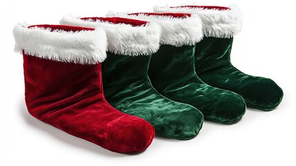 Red and green Christmas stockings isolated on white background