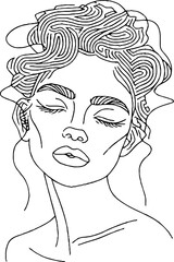 Minimalist line art silhouette of a woman's face with intricate hair patterns for aesthetic design