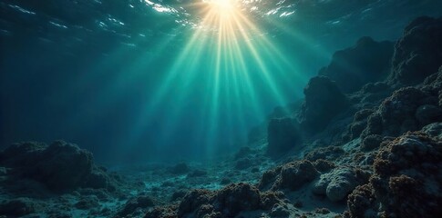 Obraz premium Deep, dark ocean; sunbeams barely penetrate the surface, illuminating swirling particles Ancient seabed, mysterious and vast, evokes a sense of timelessness and untamed power , seabed, serenity
