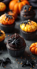 Halloween cupcakes with spider and pumpkin decorations
