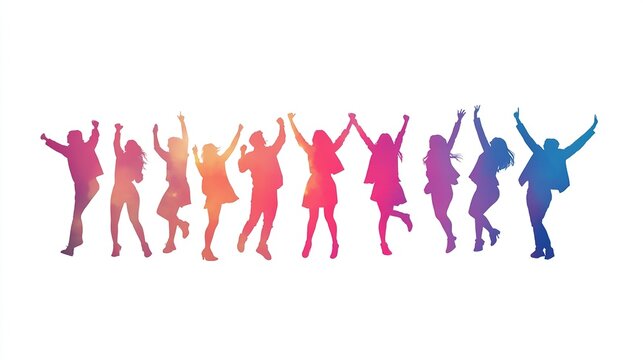 Silhouette illustration of people dancing at a party with a group of friends, isolated on white background