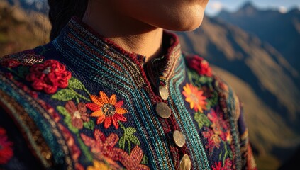 Close-up of a woman's embroidered jacket, vibrant floral designs against a mountain backdrop
