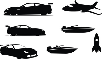 PrintSilhouette collection of high-speed vehicles and transportation, including sports cars, speedboats, airplane, rocket, racing car, modern transport vector illustration.