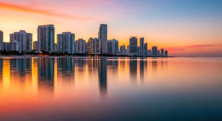 Fototapeta premium Miami skyline at sunrise, mirrored in calm water