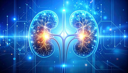 A digital illustration of human kidneys with glowing network detail on a dark background