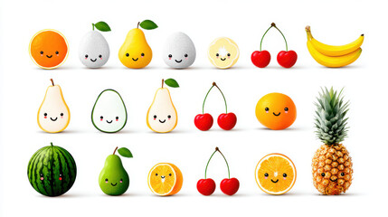 Kawaii Fruit Icons: Clean & Simple Design on White