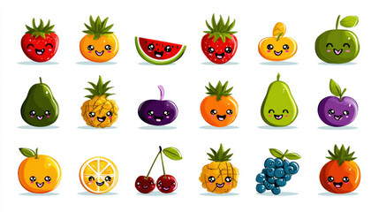Cheerful Fruit Characters: Kawaii Style, Isolated on White