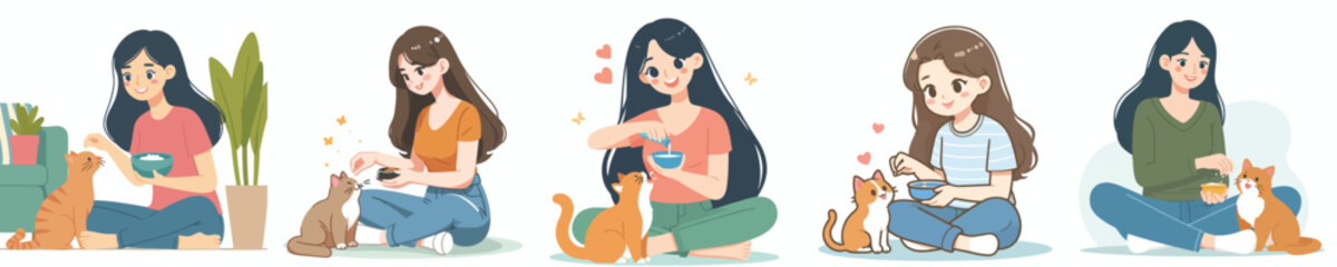 vector of a woman feeding a pet cat