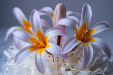 Fototapeta premium Elegant lilies grace mossy perch kissed by light ethereal floral portrait captures delicate beauty and natural harmony