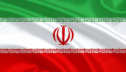 Iran’s green-white-red flag with central emblem and Kufic script—symbolizing faith, martyrdom, and revolutionary identity.
