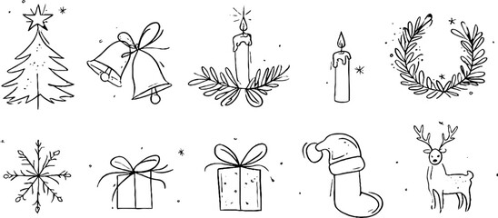 Minimalist line art design of christmas trees, stars, and holiday elements for seasonal decor