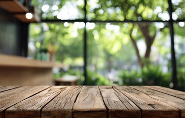 Wooden table top, out of focus cafe interior, lush greenery