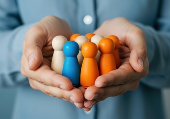 Hands gently cradle a diverse group of colorful wooden people symbolizing community and inclusion