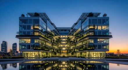 Fototapeta premium Modern office building at dawn, reflected in water