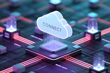 Cloud computing connection concept with glowing data streams and processor